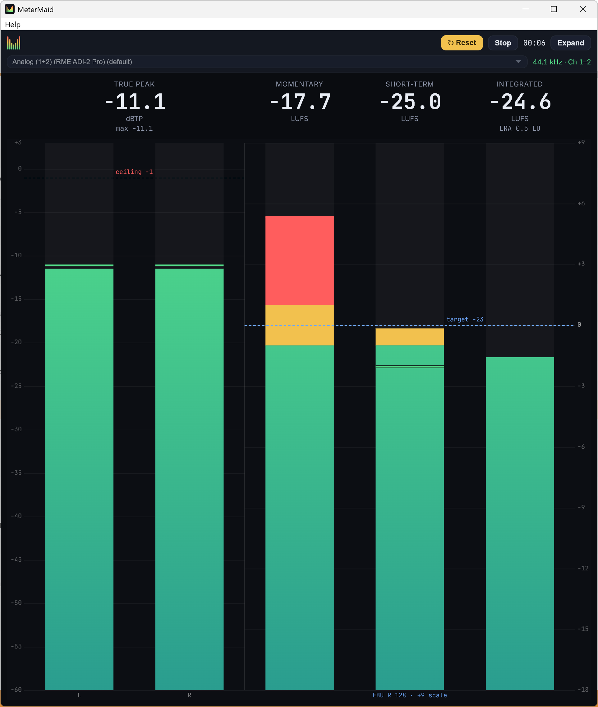 Screenshot of MeterMaid R 128 loudness meter